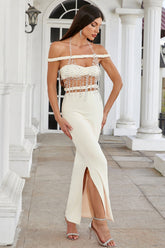 Halter Crystal Braided Bardot Maxi Dress